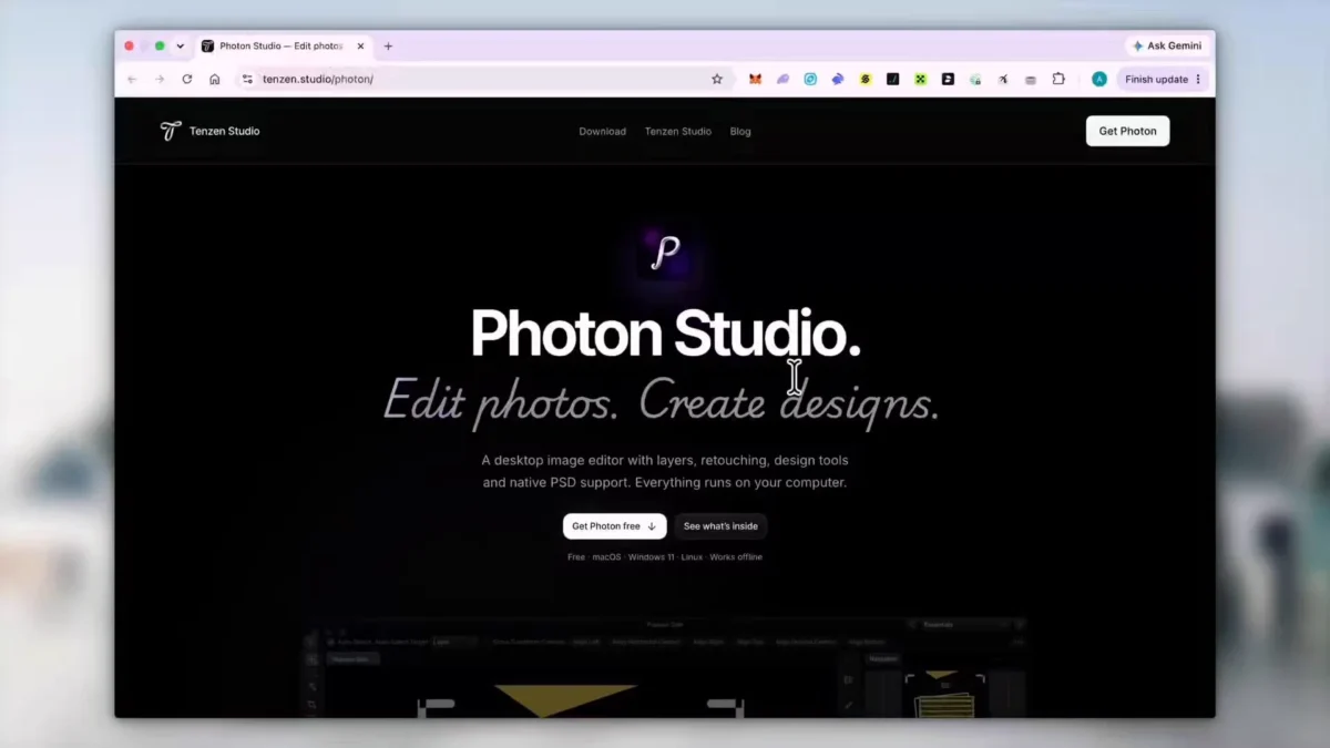 صفحه اصلی وبسایت Photon Studio در مرورگر با عنوان ادیتور عکس دسکتاپ و ابزار طراحی گرافیکی
