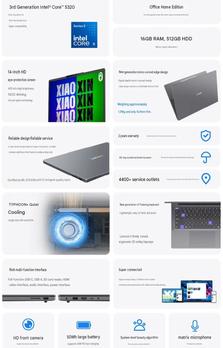 تصویری از مشخصات لپ تاپ Lenovo Xiaoxin 14 SE