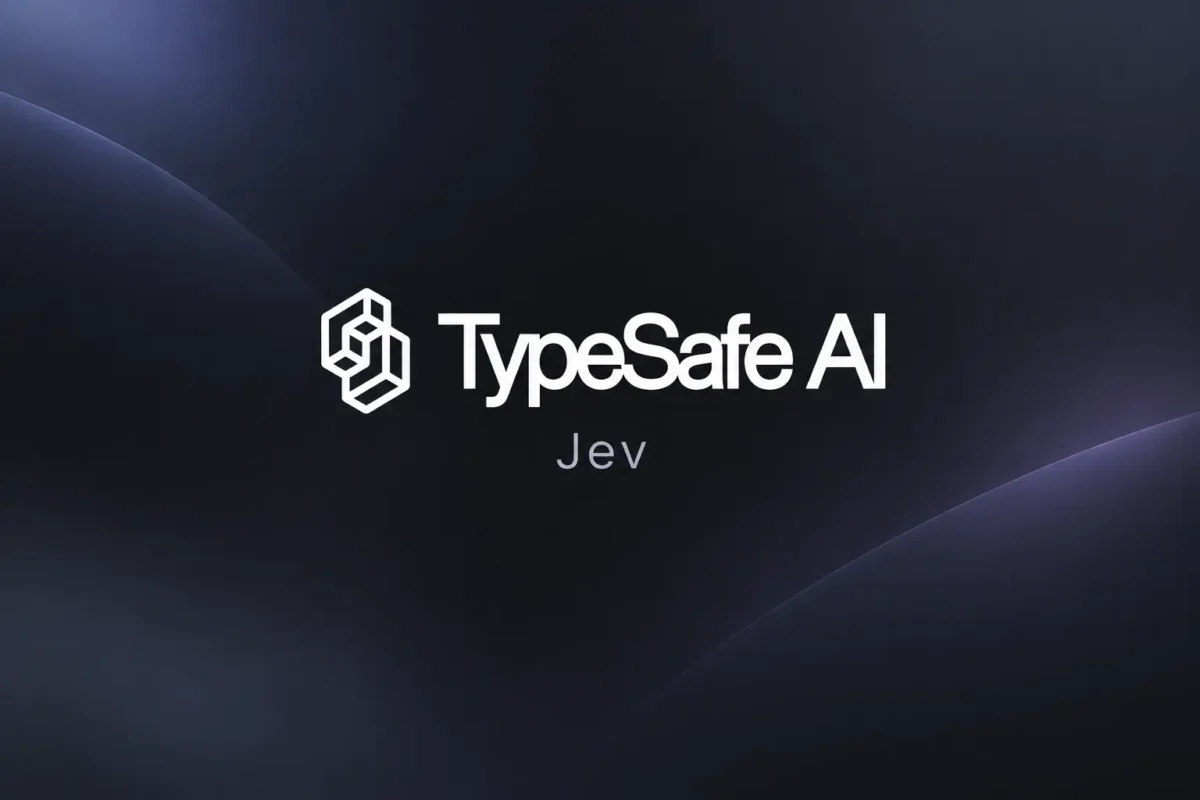 تصویری از لوگوی TypeSafe AI همراه تایپوگرافی این شرکت که در زیر این بهصورت کوچک و کمرنگ از مدل زبانی Jev نام برده شده