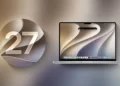 نماد دایره‌ای شیشه‌ای عدد ۲۷ در کنار لپ‌تاپ MacBook Pro اپل با پس‌زمینه محو و هماهنگ.