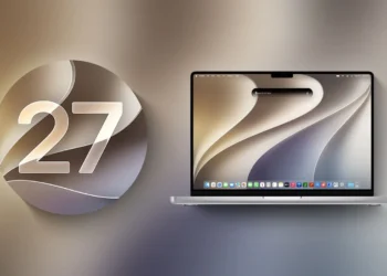 نماد دایره‌ای شیشه‌ای عدد ۲۷ در کنار لپ‌تاپ MacBook Pro اپل با پس‌زمینه محو و هماهنگ.