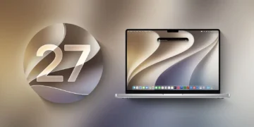 نماد دایره‌ای شیشه‌ای عدد ۲۷ در کنار لپ‌تاپ MacBook Pro اپل با پس‌زمینه محو و هماهنگ.