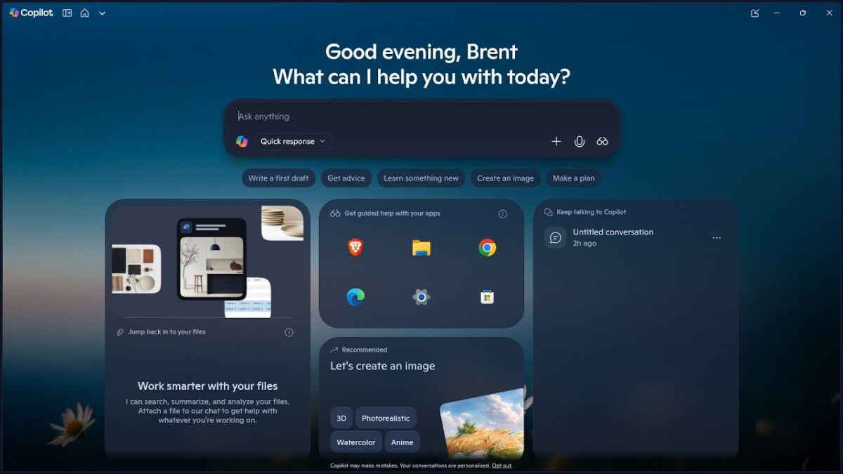 نمای رابط کاربری Microsoft Copilot در ویندوز با قابلیتهای هوش مصنوعی و دسترسی به ابزارهای مختلف