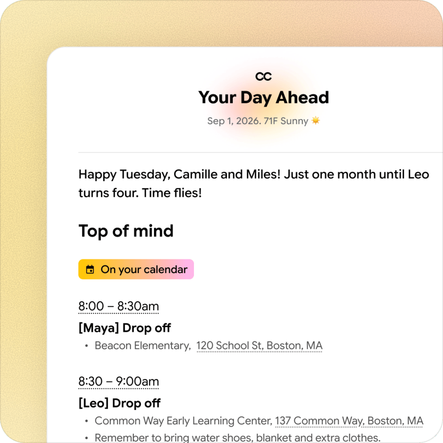 صفحه خلاصه روز (Your Day Ahead) از دستیار هوشمند CC که تاریخ، وضعیت آب و هوا و برنامه زمانی صبح را برای خانواده Walsh نمایش میدهد؛ شامل ساعات تحویل فرزندان در مدرسه و یادداشتهای مرتبط.