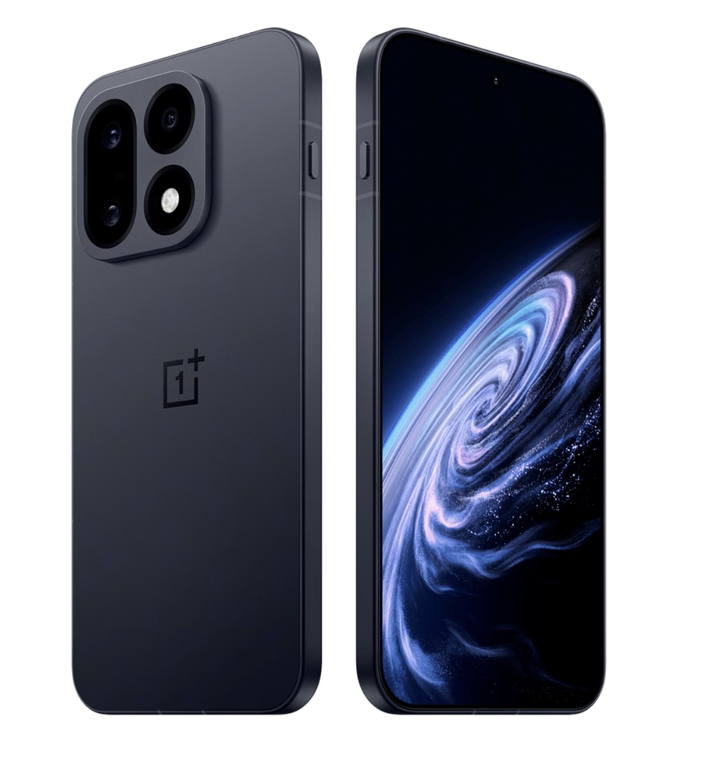 رندر رسمی OnePlus 16 در رنگ مشکی، با نمای پشت و جلو؛ ماژول دوربین دایرهای سهلنزه برجسته روی بدنه مات مشکی و صفحهنمایش با پسزمینه فضایی طوفان آبیبنفش.