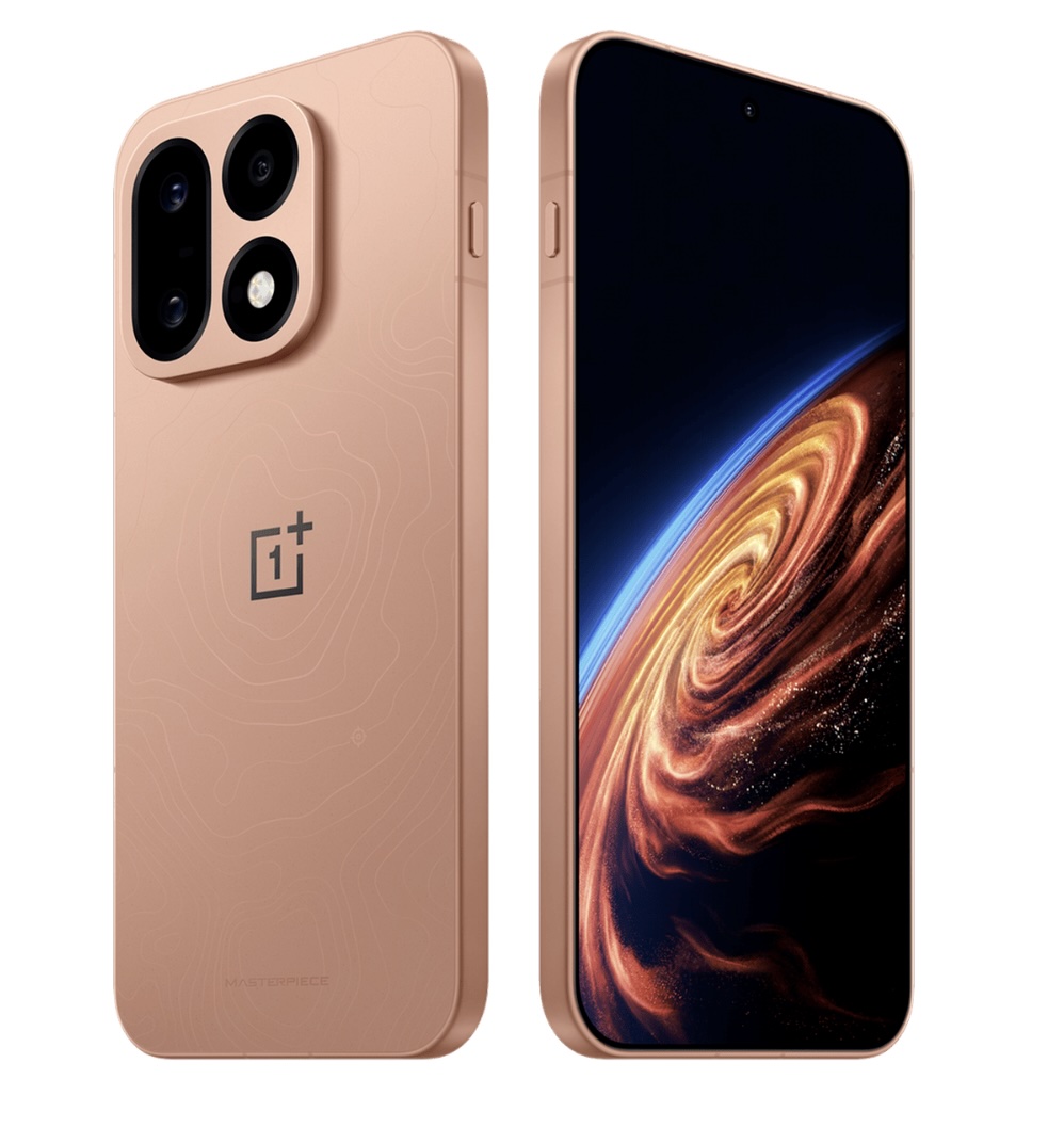 رندر رسمی OnePlus 16 در رنگ برنزی صورتیفام (masterpiece)، با ماژول دوربین چهارلنزی سیاه برجسته روی بدنه مات برنزی و صفحهنمایش با تصویر کهکشان نارنجی مارپیچی روی زمینه تیره.