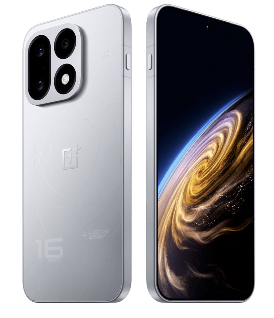 رندر رسمی OnePlus ول در رنگ نقرهای، نمای پشت با بدنه مات طرح موج و ماژول دایرهای دوربین، و نمای جلوی صفحهنمایش کامل با پسزمینه فضایی کهکشان مارپیچی طلایی.