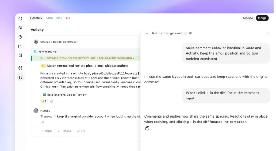 محیط ویرایشگر کد و ابزار بازبینی ChatGPT Codex به همراه پنل گفتگو برای اصلاح رابط کاربری تعارضهای ادغام.