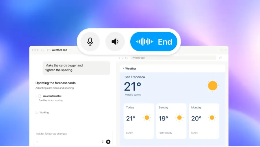 رابط کاربری کنترل صوتی با دکمه پایان تماس روی صفحه برنامه هواشناسی سانفرانسیسکو و پیشبینی چند روز آینده.