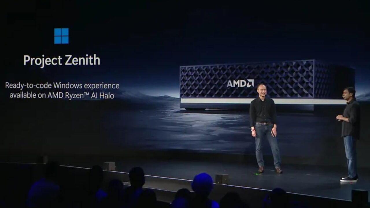 مراسم رونمایی پروژه زنیث (Project Zenith) روی صحنه با نمایش دستگاه سخت‌افزاری پردازنده AMD Ryzen AI Halo در پس‌زمینه.