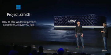 مراسم رونمایی پروژه زنیث (Project Zenith) روی صحنه با نمایش دستگاه سختافزاری پردازنده AMD Ryzen AI Halo در پسزمینه.