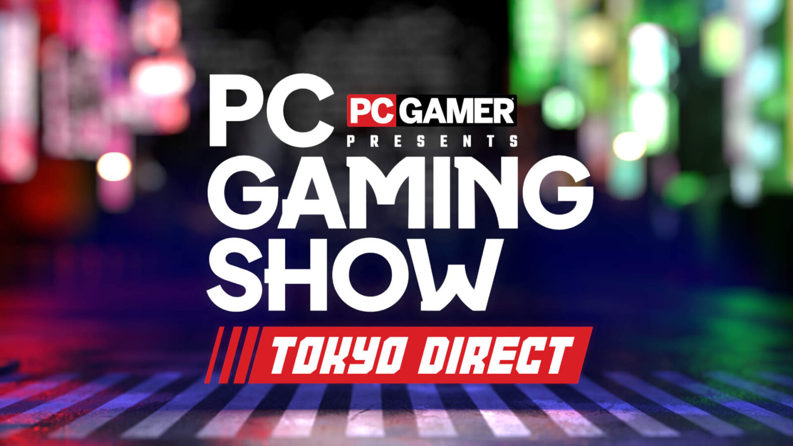تصویر تبلیغاتی رویداد گیمینگ PC Gamer Presents با عنوان Tokyo Direct با پسزمینه نئونی که برای اخبار مرتبط با بازیهای رایانهای طراحی شده است.