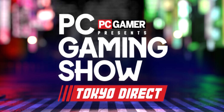 تصویر تبلیغاتی رویداد گیمینگ PC Gamer Presents با عنوان Tokyo Direct با پسزمینه نئونی که برای اخبار مرتبط با بازیهای رایانهای طراحی شده است.