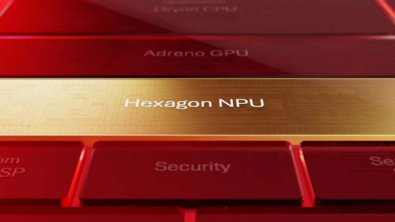 نمای شماتیک و سهبعدی از معماری تراشه با نوار طلایی Hexagon NPU در کنار بخشهای گرافیکی و امنیتی.