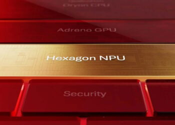 نمای شماتیک و سه‌بعدی از معماری تراشه با نوار طلایی Hexagon NPU در کنار بخش‌های گرافیکی و امنیتی.