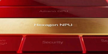 نمای شماتیک و سه‌بعدی از معماری تراشه با نوار طلایی Hexagon NPU در کنار بخش‌های گرافیکی و امنیتی.