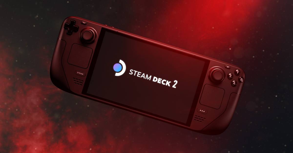 رندر مفهومی کنسول بازی دستی Steam Deck 2 با بدنه قرمز تیره و نمایشگر روشن حاوی لوگوی استیم دک ۲ روی پسزمینه فضایی سرخرنگ