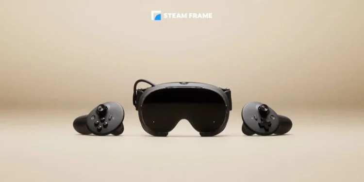 تصویر تبلیغاتی Valve Steam Frame با لوگوی آبی رنگ در بالا که هدست واقعیت مجازی مشکی را به همراه دو کنترلر بیسیم روی پسزمینه بژ محو قرار داده است.