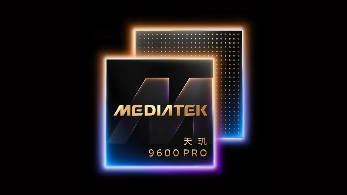 رندر سهبعدی تراشه MediaTek 9600 PRO با نورپردازی بنفش و طلایی در پسزمینه مشکی