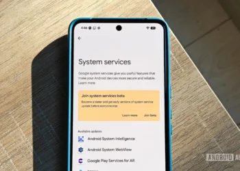 گوشی پیکسل روی میز چوبی در حال نمایش منوی خدمات سیستم گوگل (System services) و گزینه‌های به‌روزرسانی برنامه‌ها.