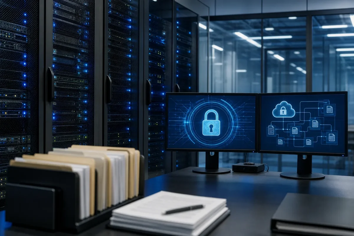 مرکز داده با سرورها و نمایشگرهای امنیت سایبری مرتبط با نفوذ به فایلهای تامسون رویترز
