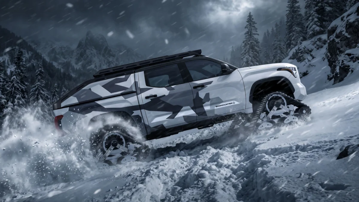 پیکاپ Toyota Tundra Snowhunter با بدنه استتاری و شنیهای مخصوص در حال عبور از مسیر کوهستانی پوشیده از برف است