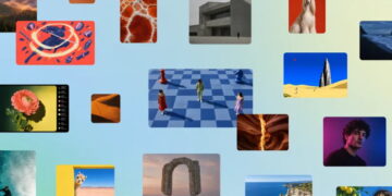 کلاژ دیجیتالی از تصاویر متنوع شامل معماری، طبیعت، نقاشی‌های دیجیتال، حیوانات، مناظر شهری و تصاویری با پالت‌های رنگی جذاب روی پس‌زمینه آبی روشن.