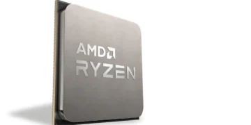 تصویر سه بعدی و باکیفیت از پردازنده رایزن ای‌ام‌دی (AMD Ryzen) با بدنه‌ی فلزی و نقره‌ای‌رنگ و حکاکی نام برند روی آن.