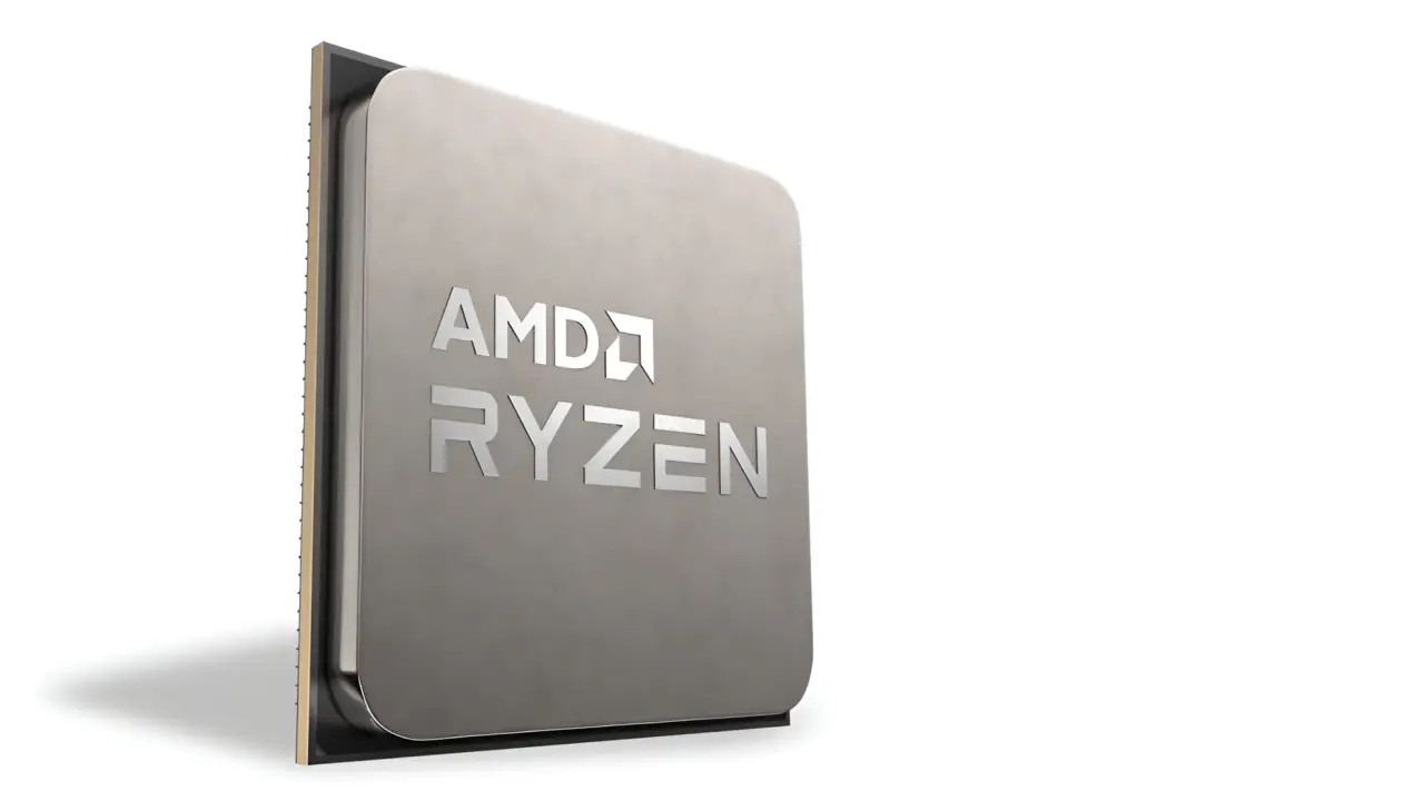 تصویر سه بعدی و باکیفیت از پردازنده رایزن ایامدی (AMD Ryzen) با بدنهی فلزی و نقرهایرنگ و حکاکی نام برند روی آن.
