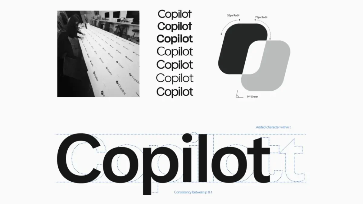 صفحهی نشاندهندهی برندینگ و طراحی لوگوی مایکروسافت Copilot شامل تصاویر سیاه و سفید از طراحی کارت و لوگو، چند نسخه از لوگوتایپ، نمونههای دیاگرام هندسی (55px، 75px، 14 درجه شیب)، و نمونهی تایپوگرافی دقیق حرف C بزرگ با خطوط راهنمای آبی