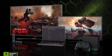 بنر سرویس ابری GeForce NOW انویدیا شامل تلویزیون، لپتاپ، کنترلر بازی و دانگل استریم در حال نمایش بازیهای گیرز آو وار و کنترل رزونانت.