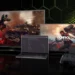 بنر سرویس ابری GeForce NOW انویدیا شامل تلویزیون، لپتاپ، کنترلر بازی و دانگل استریم در حال نمایش بازیهای گیرز آو وار و کنترل رزونانت.