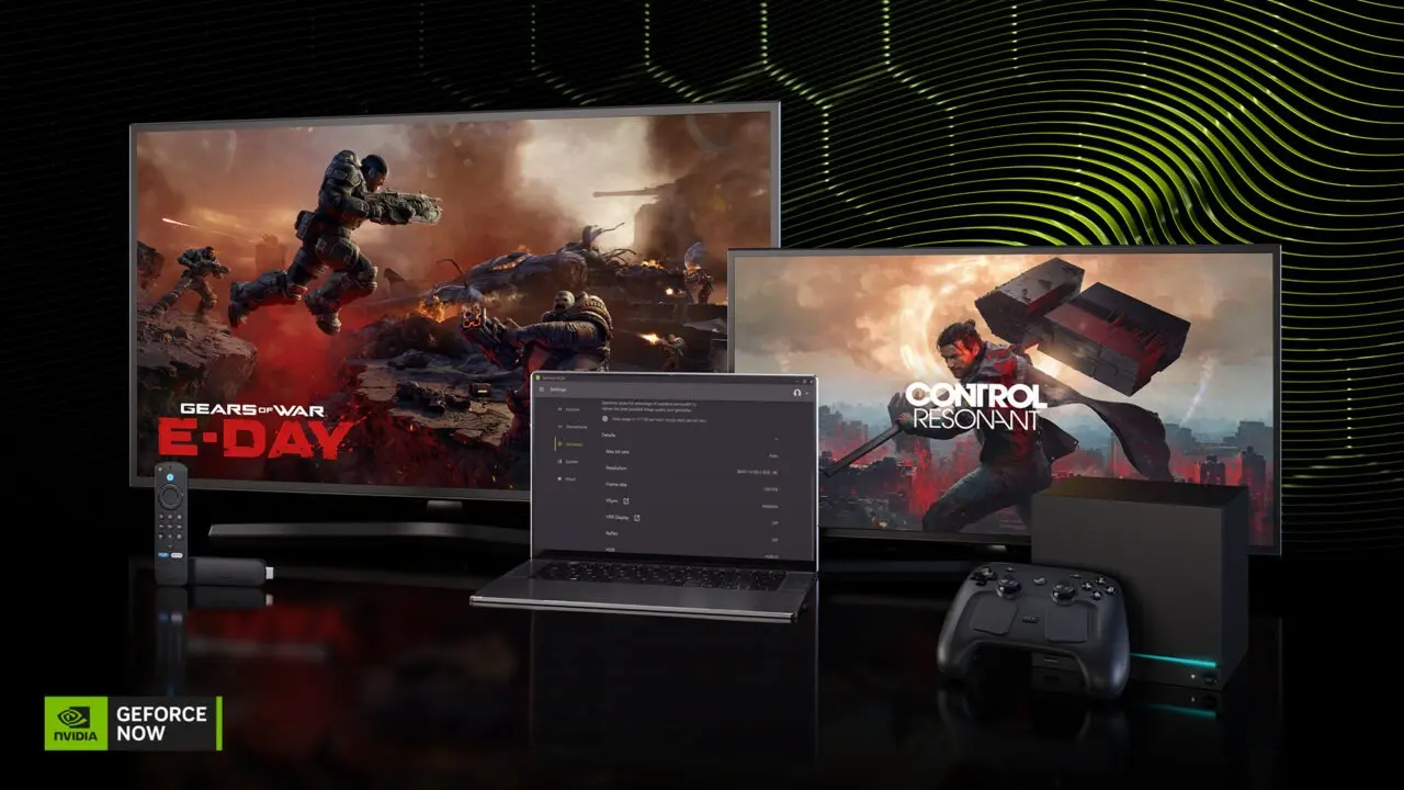 بنر سرویس ابری GeForce NOW انویدیا شامل تلویزیون، لپتاپ، کنترلر بازی و دانگل استریم در حال نمایش بازیهای گیرز آو وار و کنترل رزونانت.
