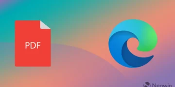 نماد یک فایل PDF در کنار لوگوی Microsoft Edge روی پس‌زمینه‌ای با طیف رنگی آبی، سبز و صورتی.