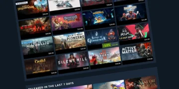 نمای محیط فروشگاه استیم (Steam) در بخش بازیهای تازه منتشرشده در ماه گذشته و هفتهی اخیر همراه با تصاویر کاور بازیها و قیمت آنها.