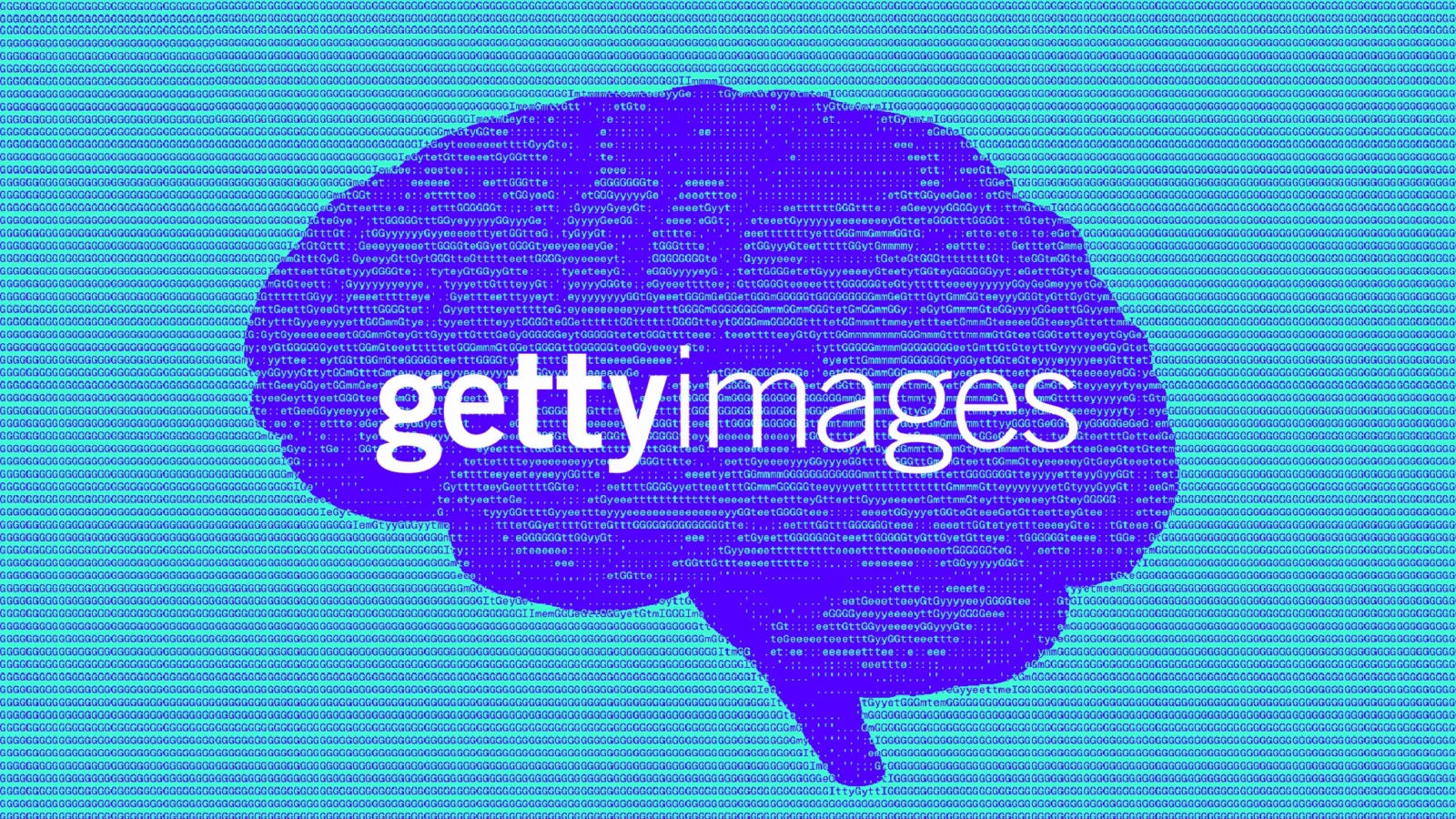 گرافیکی آبیرنگ به شکل مغز انسان که با کدهای متنی و واژگان «gettyimages» پر شده و لوگوی این شرکت در مرکز آن قرار دارد.