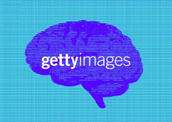 گرافیکی آبی‌رنگ به شکل مغز انسان که با کدهای متنی و واژگان «gettyimages» پر شده و لوگوی این شرکت در مرکز آن قرار دارد.