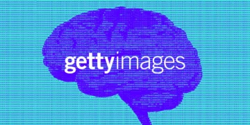 گرافیکی آبی‌رنگ به شکل مغز انسان که با کدهای متنی و واژگان «gettyimages» پر شده و لوگوی این شرکت در مرکز آن قرار دارد.