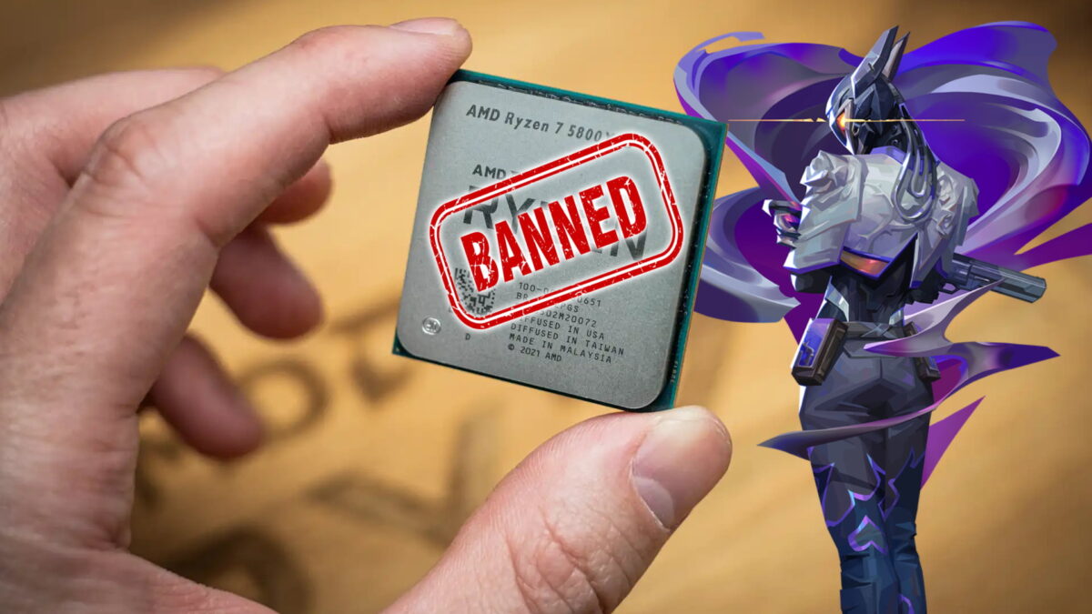 دست در حال نگه داشتن یک پردازندهی AMD Ryzen 7 با مهر قرمز BANNED روی آن در کنار طرح هنری شخصیت Omen از بازی Valorant، با پسزمینهی مقوایی
