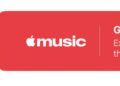 باکس قرمز تبلیغاتی Apple Music با لوگوی سفید و متن تبلیغاتی “Get 3 …” کنار آن، که ظاهراً یک پلن رایگان سهماهه را اطلاع میدهد.