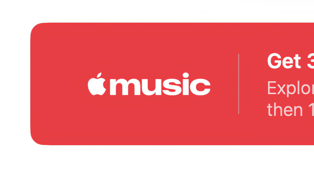 باکس قرمز تبلیغاتی Apple Music با لوگوی سفید و متن تبلیغاتی “Get 3 …” کنار آن، که ظاهراً یک پلن رایگان سهماهه را اطلاع میدهد.