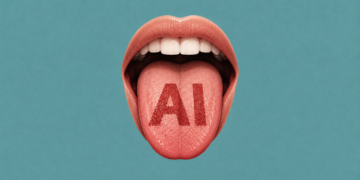 تصویری مفهومی و گرافیکی از یک دهان باز با لب‌های صورتی که روی زبان انسان عبارت «AI» با رنگ قرمز نقش بسته است.