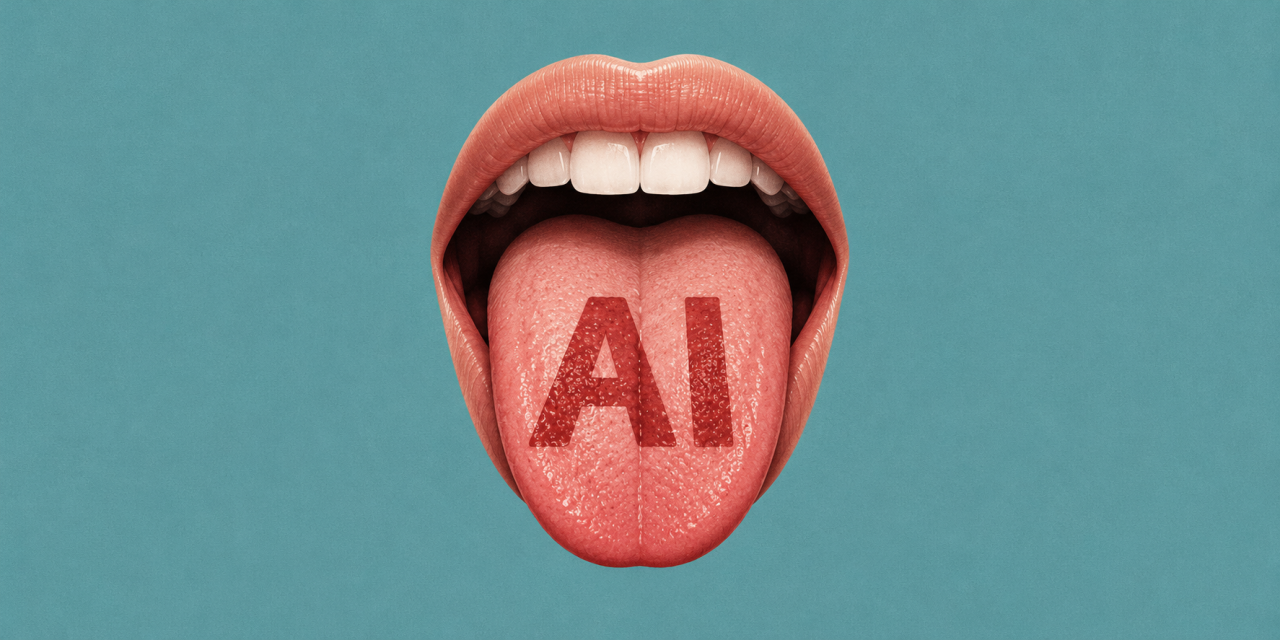 تصویری مفهومی و گرافیکی از یک دهان باز با لبهای صورتی که روی زبان انسان عبارت «AI» با رنگ قرمز نقش بسته است.