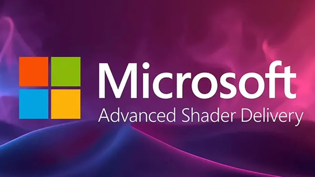 لوگوی مایکروسافت در سمت چپ به همراه متن سفید «Microsoft» و زیرعنوان «Advanced Shader Delivery» که بر روی پس‌زمینه‌ای با امواج انتزاعی به رنگ‌های بنفش و صورتی قرار گرفته است