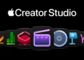لوگوی اپل کریتور استودیو (Apple Creator Studio) به همراه مجموعهای از آیکونهای رنگی و مدرن برنامهها روی پسزمینه مشکی.