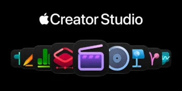 لوگوی اپل کریتور استودیو (Apple Creator Studio) به همراه مجموعهای از آیکونهای رنگی و مدرن برنامهها روی پسزمینه مشکی.