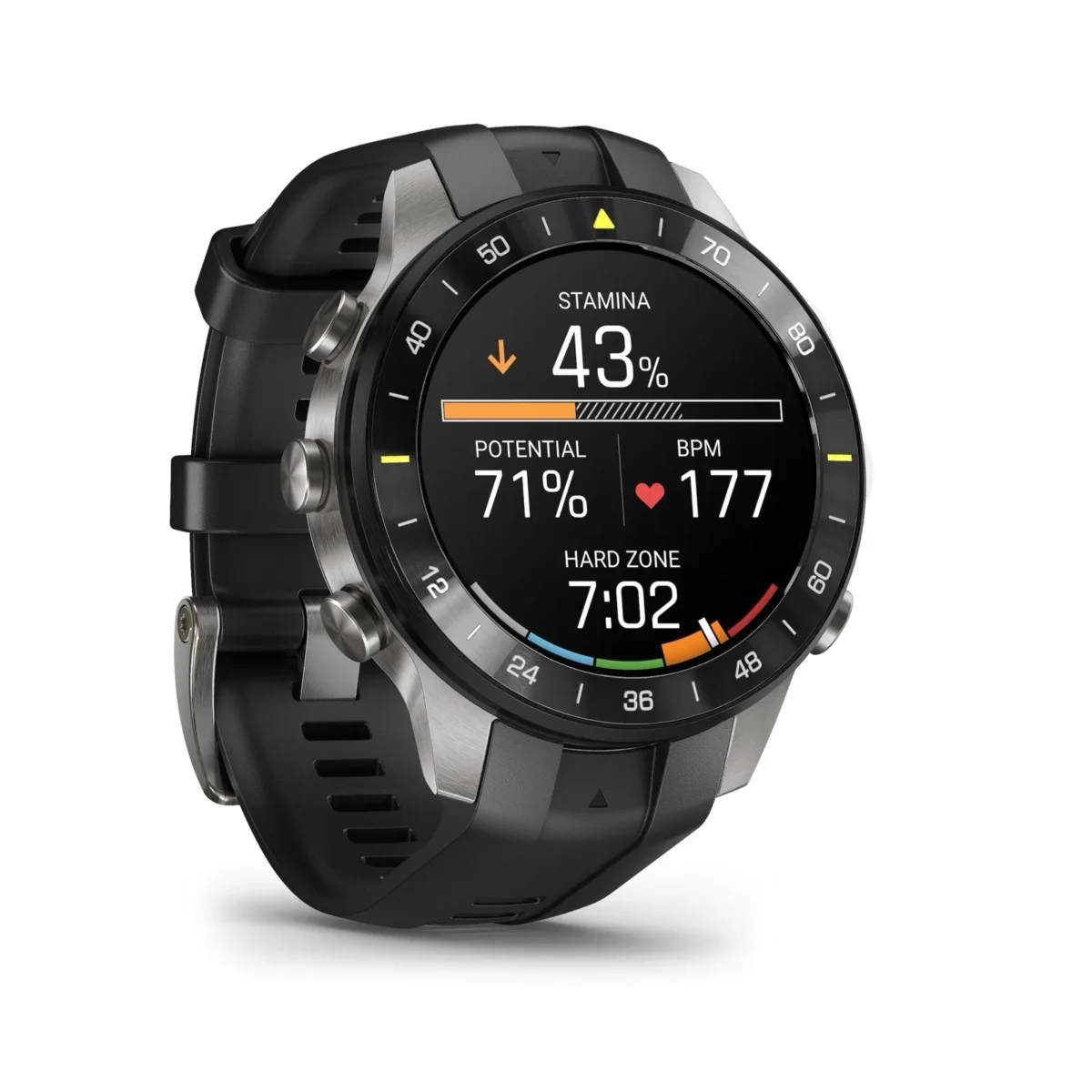 ساعت هوشمند Garmin با بدنه تیتانیومی و بند مشکی روی پسزمینه سفید که اطلاعات وضعیت بدنی شامل میزان استقامت (۴۳٪)، ضربان قلب (۱۷۷ BPM) و زمان منطقه سخت را نمایش میدهد.
