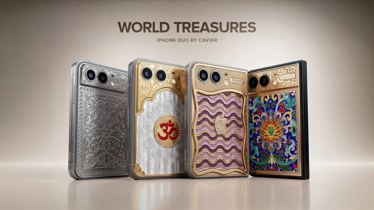 چهار مدل از گوشیهای لوکس سفارشی مجموعهی World Treasures ساخت برند Caviar برای iPhone Duo در کنار یکدیگر.