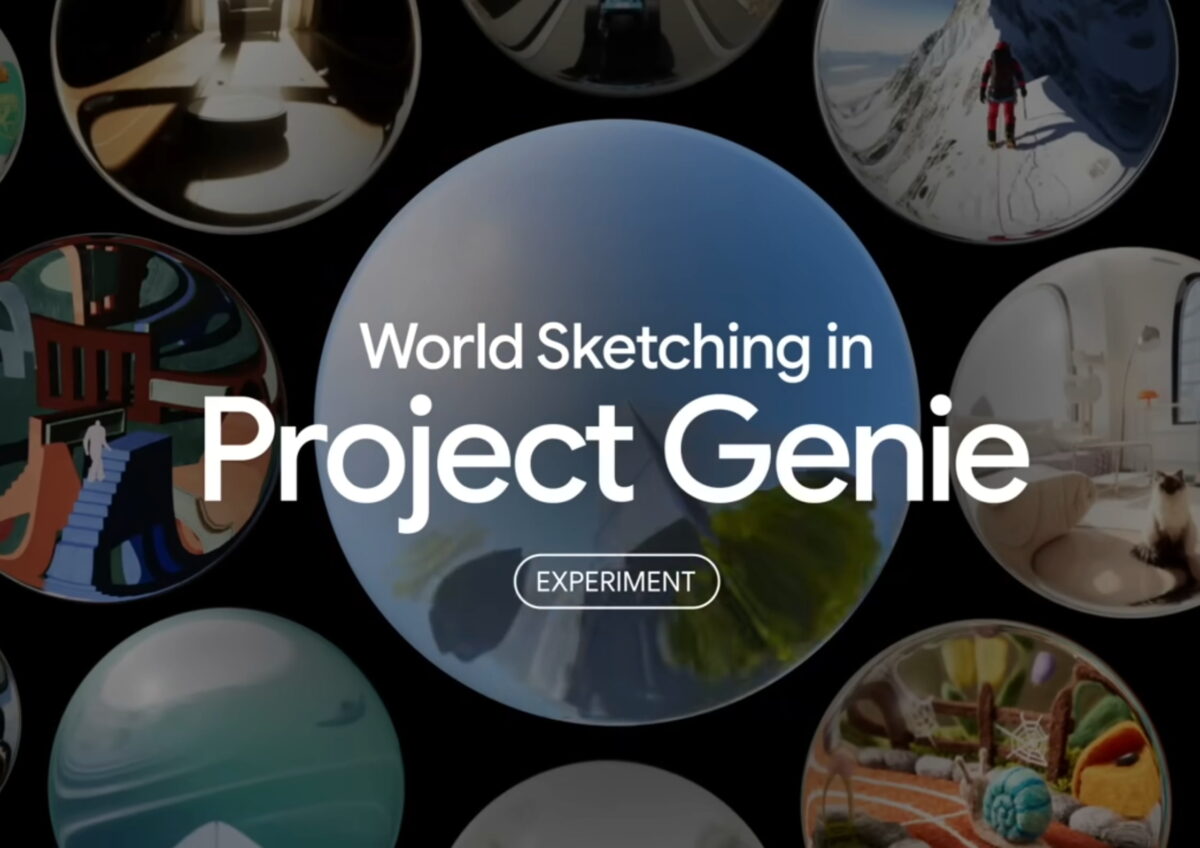 تصویری گرافیکی با پسزمینه مشکی و کرههای متعددی که مناظر مختلف را نشان میدهند؛ عبارت «World Sketching in Project Genie» با دکمه Experiment در مرکز آن دیده میشود.