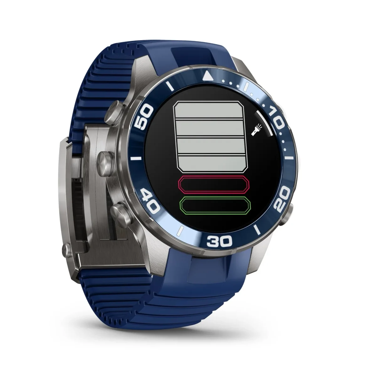 ساعت هوشمند Garmin با قاب و بند سیلیکونی آبیرنگ روی پسزمینه سفید که نشانگرهای باتری و وضعیت شارژ را به صورت گرافیکی نمایش میدهد.